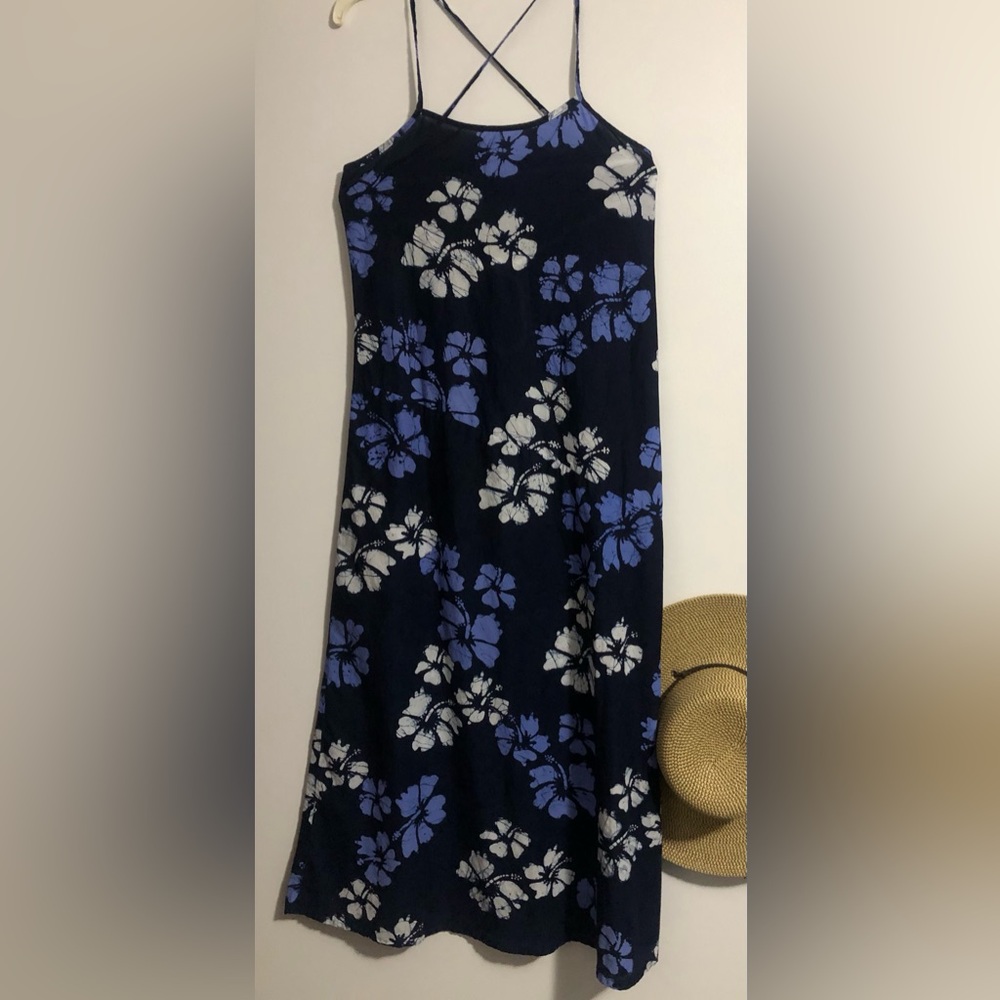 Caribelle Batik SUNDRESS Blue White Floral MAXI Adjustable Straps EUC